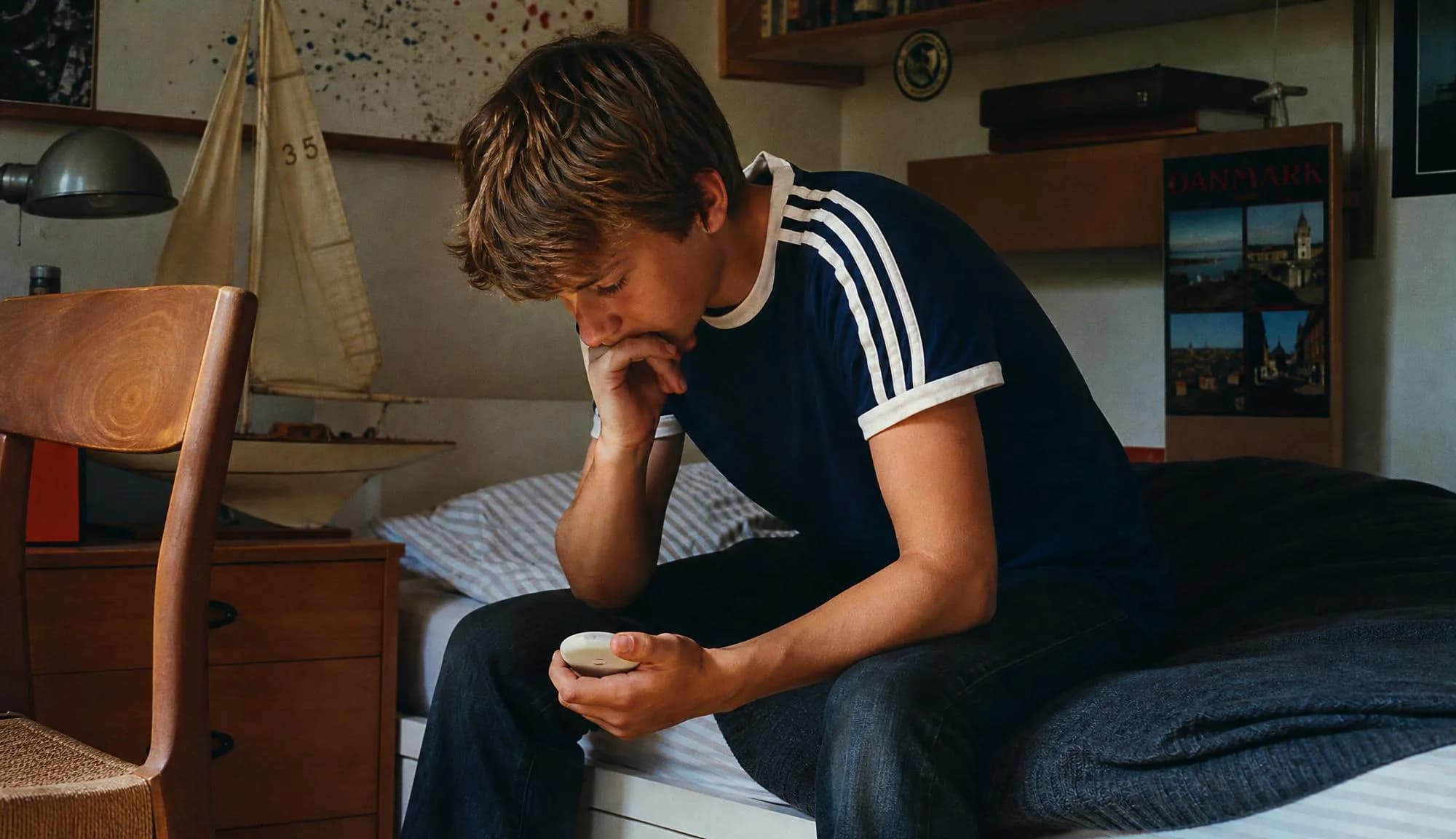 Young person sitting on a bed holding the device.